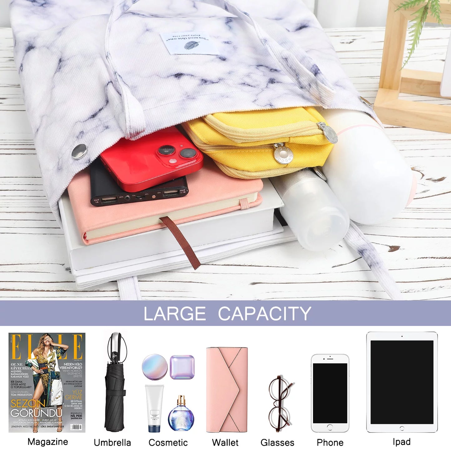 Corduroy Tote Bag Large for Women Girl Lady Canvas Shoulder Cord Purse with Inner Pocket (Brown)