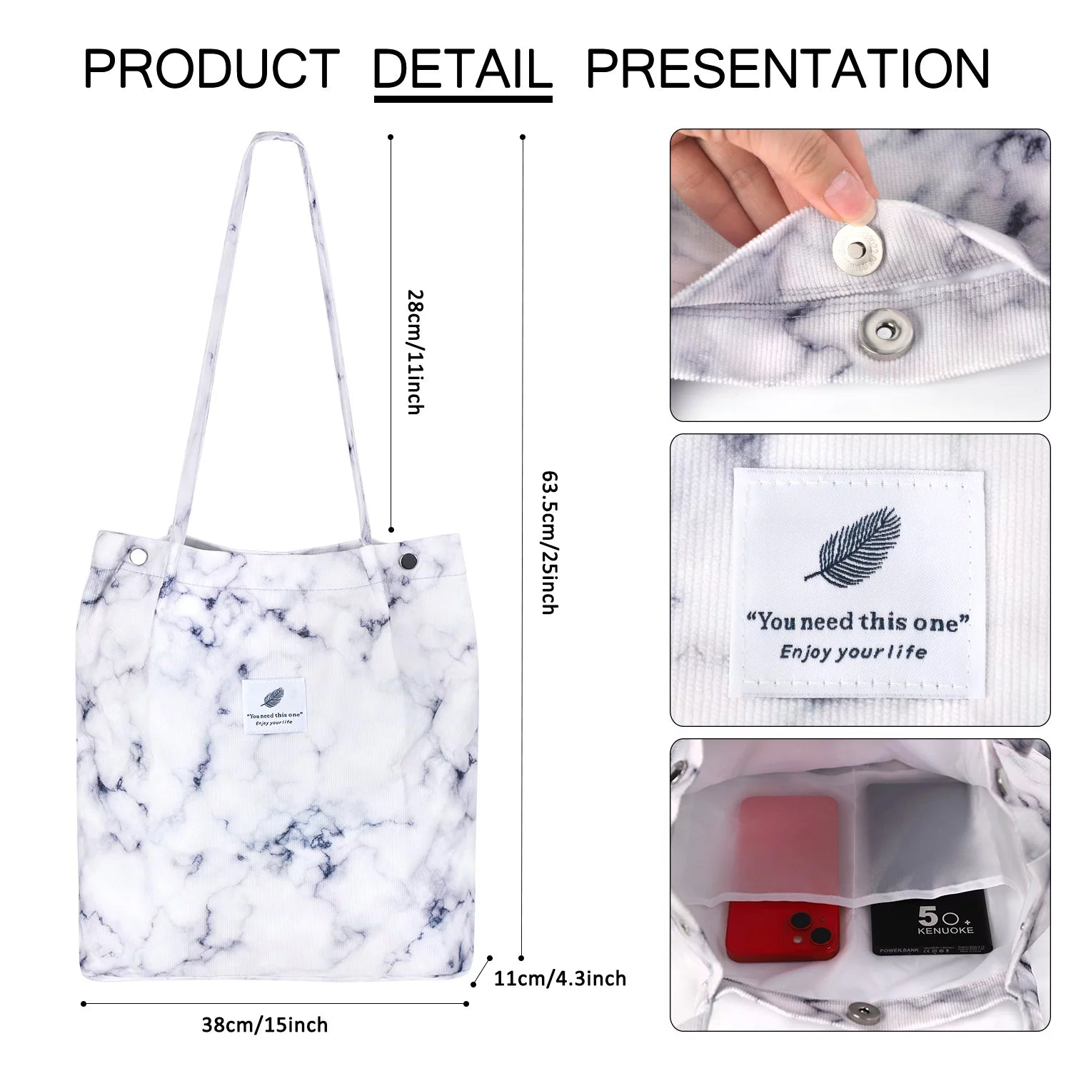 Corduroy Tote Bag Large for Women Girl Lady Canvas Shoulder Cord Purse with Inner Pocket (Brown)